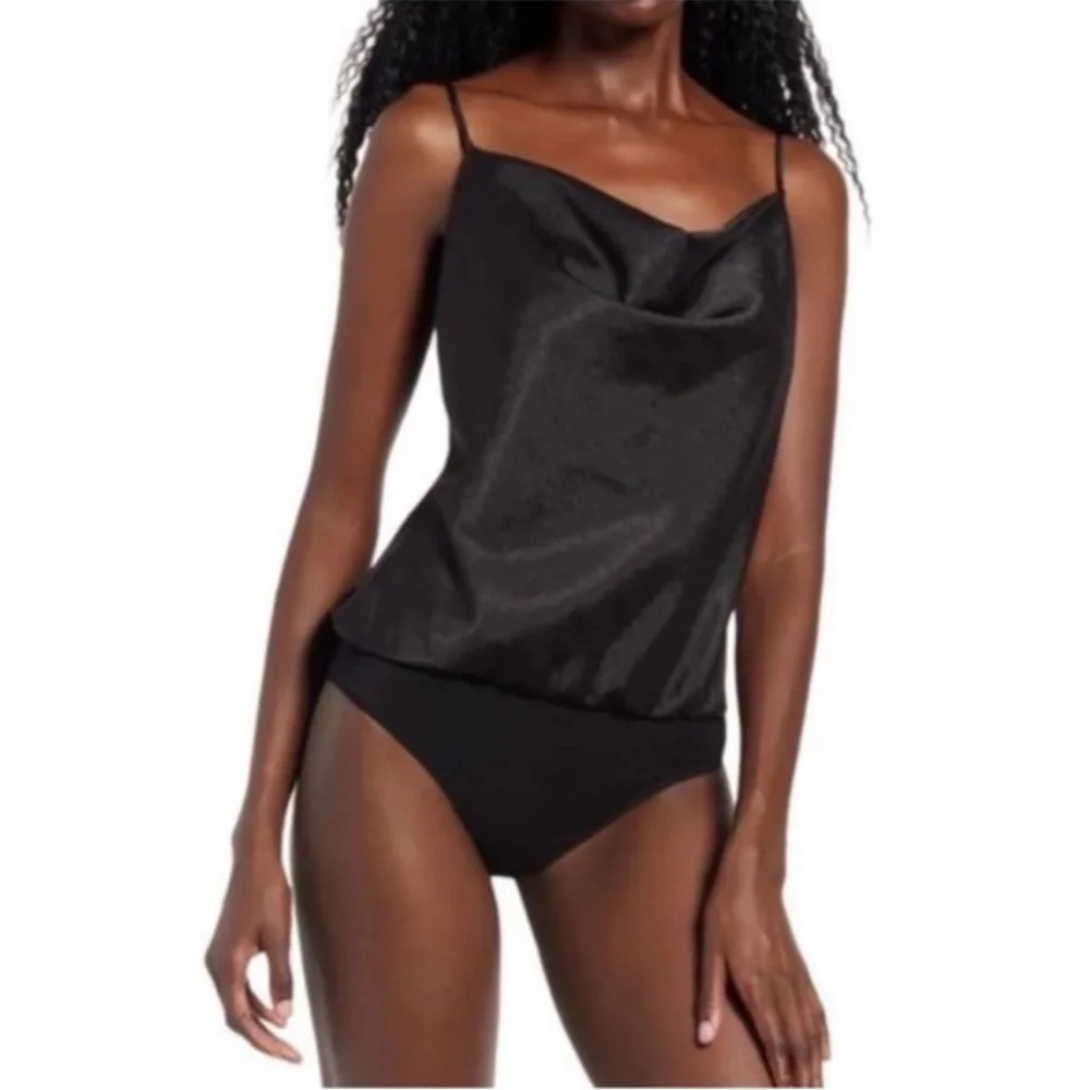 WAYF Black Spaghetti Strap Satin Cowl Neck Bodysuit - Picture 2 of 8